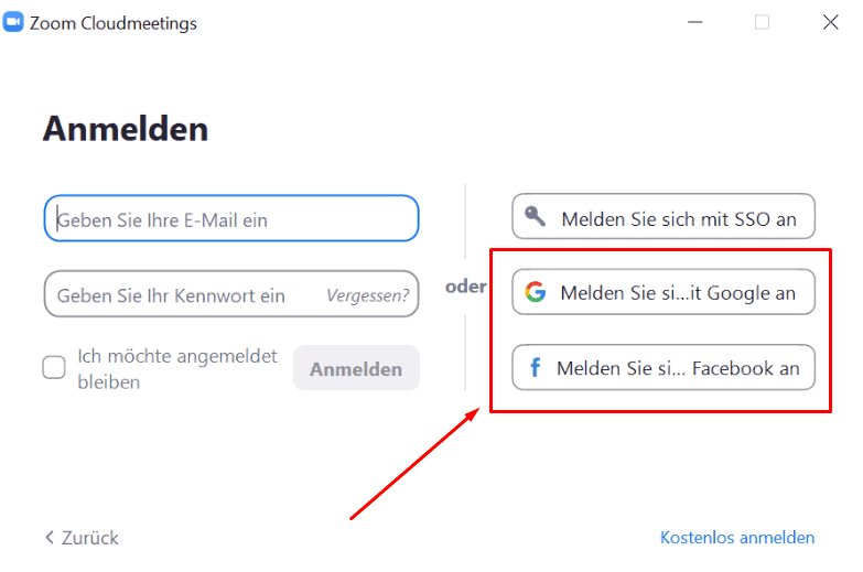 Zoom: Mit Google oder Facebook anmelden
