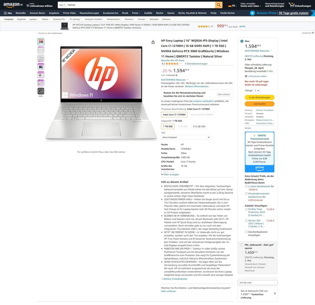 Screenshot Amazon Produktseite