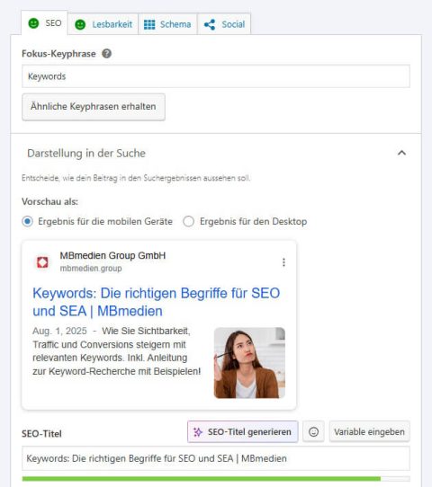 Fokus-Keyword und Metatexte